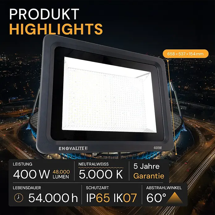 Enovalite LED-Strahler - 400 W, 48.000 lm, IP65 - Leistungsstarker dunkelgrauer LED-Fluter (400W, 48.000 Lumen, 5000K neutralweiß) mit IP65/IK07 Schutz.