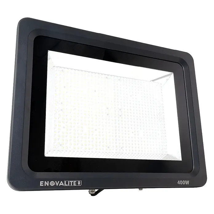 Enovalite LED-Strahler - 400 W, 48.000 lm, IP65 - Schwarzer 400W LED-Fluter mit heller, rechteckiger Lichtfläche und ENOVALITE Logo.