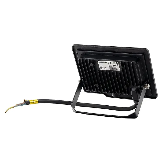 Luxula LED-Strahler - 10 W, IP65 - Schwarzer LED-Fluter, Rückansicht mit Kühlkörper, verstellbarem Standfuß und elektrischem Kabel mit blanken Drähten.