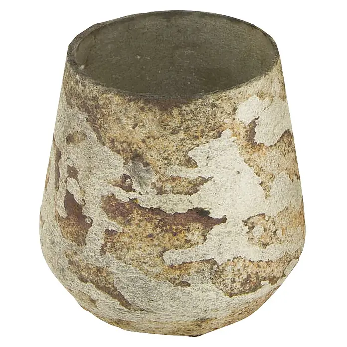 Teelichthalter Leah - 9 x 9 cm, Glas, Weiß - Konischer, texturierter Topf mit einer gemaserten braunen und beigen, betonähnlichen Oberfläche.