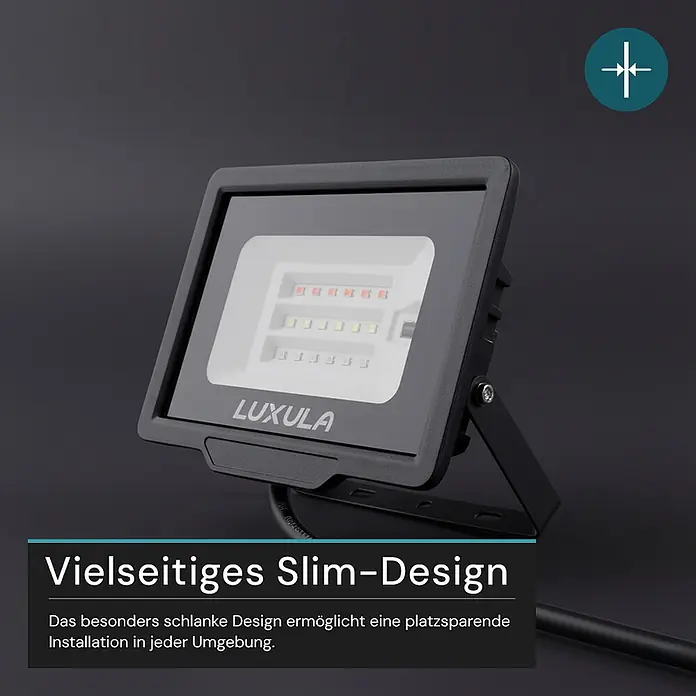 Luxula LED-Strahler - 30 W, IP65 - Schwarzer LUXULA LED-Fluter im schlanken Design, mit weißen und roten LED-Elementen. Ideal für platzsparende Installation.