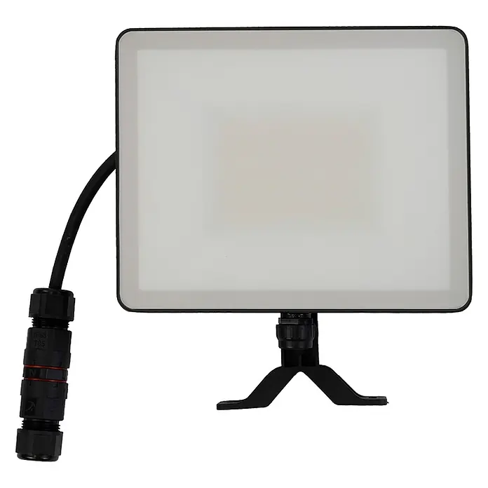 Luxula LED-Strahler Fluter 50W 4000K Neutralweiß Außenstrahler Schwarz IP65 -  - Schwarzer quadratischer LED-Fluter mit weißem Diffusor, IP68-Kabelstecker und schwarzem Ständer, geeignet für den Außenbereich.