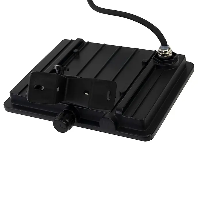 Luxula LED-Strahler Fluter 50W 4000K Neutralweiß Außenstrahler Schwarz IP65 -  - Rückansicht eines schwarzen, rechteckigen LED-Außenstrahlers mit Montagehalterung, Einstellknopf und Netzkabel.