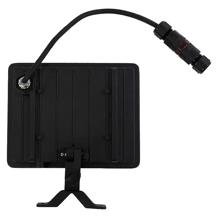 Luxula LED-Strahler Fluter 50W 4000K Neutralweiß Außenstrahler Schwarz IP65 -  - Rückansicht eines schwarzen Flutlichts mit Montagebügel und wasserdichtem Kabelverbinder.