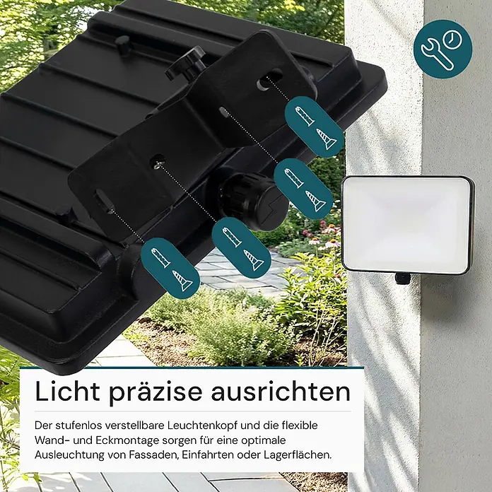 Luxula LED-Strahler Fluter 50W 4000K Neutralweiß Außenstrahler Schwarz IP65 -  - Schwarze Außenleuchte mit verstellbarer Halterung und Befestigungsschrauben zur Wandmontage in einem Garten.