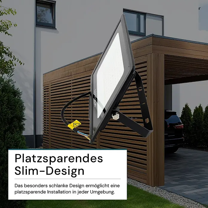Luxula LED-Strahler - 100 W, 10.000 lm, 3.000 K, IP65 - Schwarzer, schlanker LED-Fluter im Außenbereich, der sein platzsparendes Design für vielseitige Installation hervorhebt.