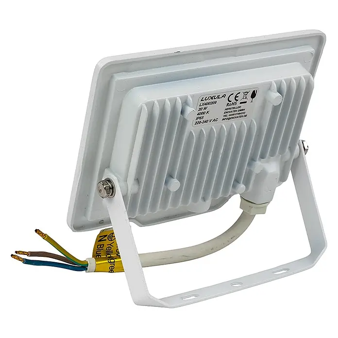 Luxula LED-Strahler - 20 W, 2.000 lm, IP65 - Weißer LED-Flutlichtstrahler mit Kühlrippen, verstellbarer Halterung und sichtbaren Kabeln.