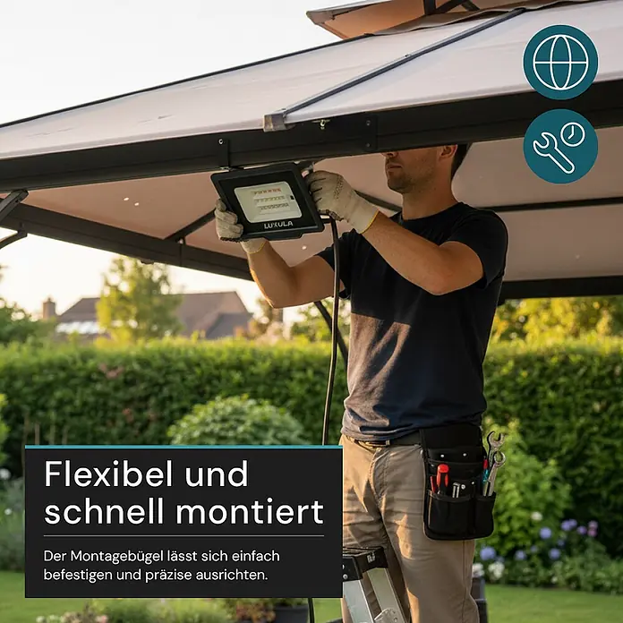 Luxula LED-Strahler - 10 W, IP65 - Eine Person montiert einen schwarzen LUXULA LED-Strahler mit Montagebügel unter einem Pavillon. Die flexible und schnelle Installation wird hervorgehoben.