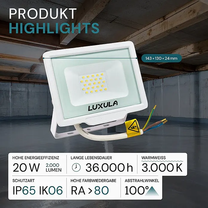 Luxula LED-Strahler - 20 W, 2.000 lm, IP65 - Weißer LUXULA LED-Strahler, 20W 2000lm 3000K warmweiß, IP65. Mit Kabeln in Kellerumgebung dargestellt.