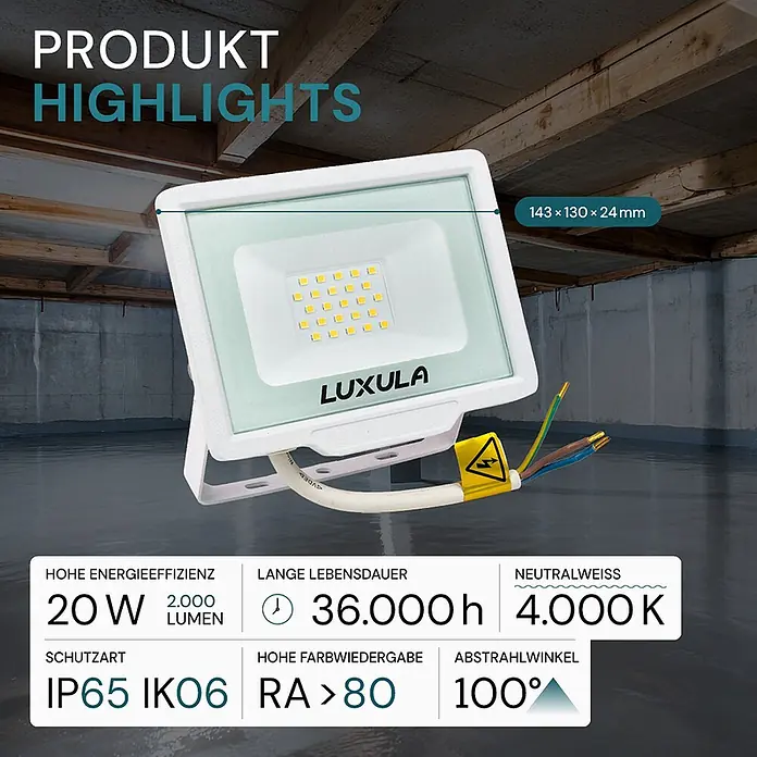 Luxula LED-Strahler - 20 W, 2.000 lm, IP65 - Weißer LUXULA LED-Flutlichtstrahler mit Spezifikationen (20W, 2000 Lumen, 4000K, IP65) in einem Kellerraum.