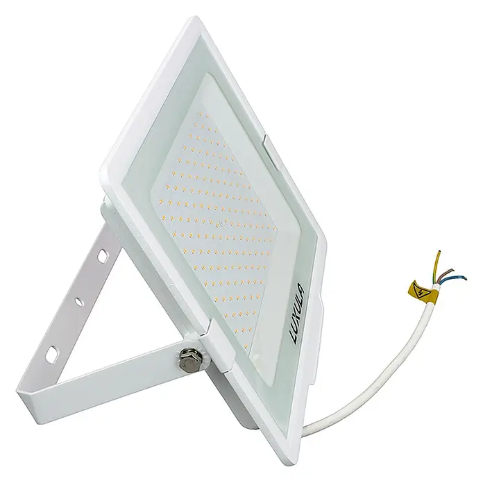 Luxula LED-Strahler - 150 W, 15.000 lm, IP65 - Weißer LED-Fluter mit verstellbarem Montagebügel und freiliegenden Elektrokabeln.