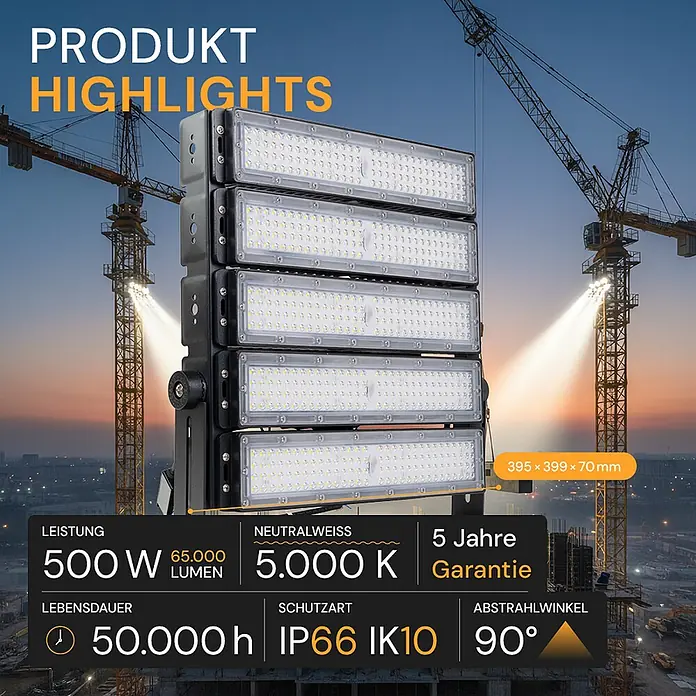 Enovalite LED-Strahler - 500 W, 65.000 lm, IP66 - Leistungsstarker 500W LED-Flutlichtstrahler, 65.000 lm, 5000K, IP66 IK10, 5 Jahre Garantie für Baustellenbeleuchtung.