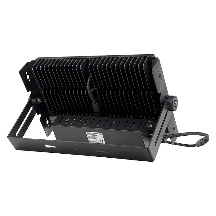 Enovalite LED-Strahler - 300 W, 39.000 lm, IP66 - Schwarzer LED-Fluter mit Kühlrippen und verstellbarem Montagebügel, von hinten gesehen.