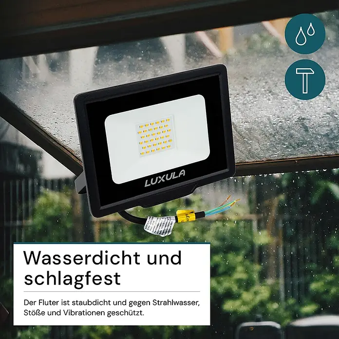 Luxula LED-Strahler - 30 W, 3.000 lm, 4.000 K, IP65 - Schwarzer LUXULA LED-Fluter für den Außenbereich, der sein wasserdichtes und schlagfestes Design hervorhebt.
