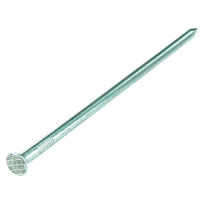 Senkkopf-Nagel - 1,8 x 35 mm, Verzinkt, 100 Stk., Stahl - Nahaufnahme eines einzelnen verzinkten Stahlnagels mit flachem Kopf und scharfer Spitze vor einem weißen Hintergrund.