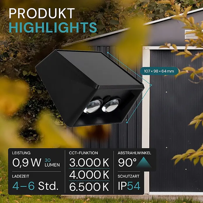 Luxula Solar-Außenwandleuchte Wandleuchte 2-flammig Up/Down CCT Warm- -  - Schwarze Solar-Außenleuchte mit zwei Linsen, an einem dunklen Schuppen montiert, Produktabmessungen sichtbar.
