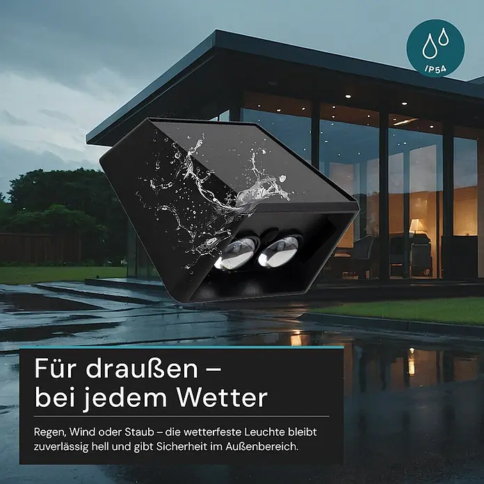 Luxula Solar-Außenwandleuchte Wandleuchte 2-flammig Up/Down CCT Warm- -  - Schwarze, wetterfeste Außenleuchte wird von Wasser bespritzt. Ideal für den Außenbereich bei jedem Wetter.