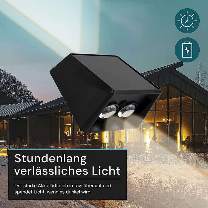 Luxula Solar-Außenwandleuchte Wandleuchte 2-flammig Up/Down CCT Warm- -  - Eine schwarze, solarbetriebene Außenleuchte mit zwei hellen LEDs, die einen Außenweg in der Dämmerung beleuchtet.