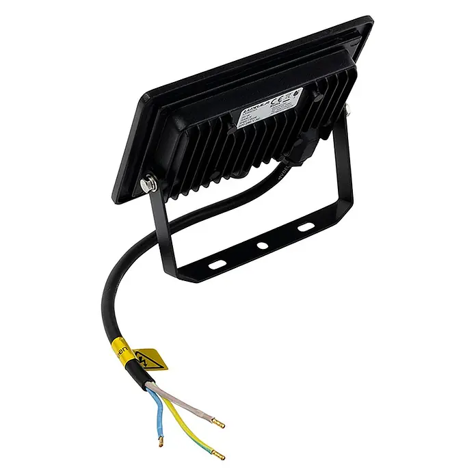 Luxula LED-Strahler - 20 W, 2.000 lm, 3.000 K, IP65 - Schwarzer LED-Fluter mit verstellbarer Halterung und freiliegenden Elektrokabeln zur Installation.