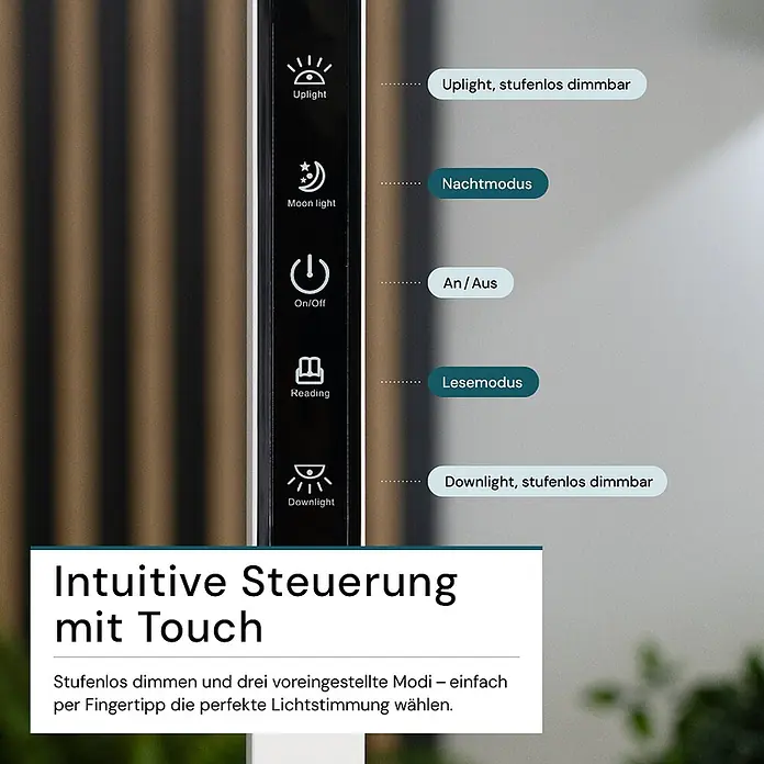 Luxula LED-Stehleuchte 100W 7000lm Bürostehleuchte Up- Downlight -  - Schwarzes Touch-Bedienfeld für eine Lampe mit intuitiven Symbolen für Uplight, Downlight, Nacht, Lesemodus und Ein/Aus, stufenlos dimmbar.