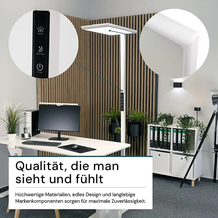 Luxula LED-Stehleuchte 100W 7000lm Bürostehleuchte Up- Downlight -  - Weiße LED-Stehlampe mit flachem, rechteckigem Kopf und Bedienfeld, spendet Umgebungslicht in einem modernen Büro.