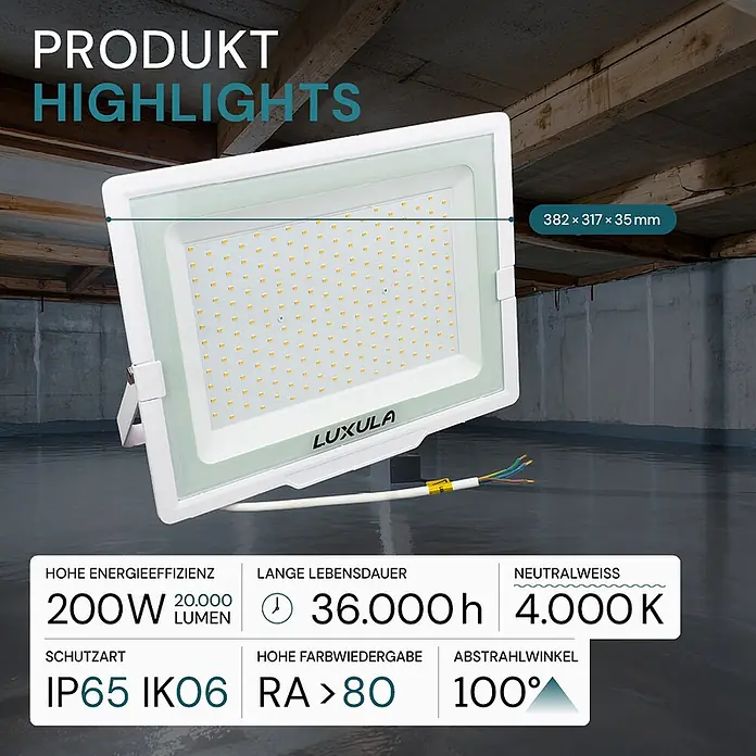 Luxula LED-Strahler - 200 W, 20.000 lm, IP65 - Großer weißer rechteckiger LUXULA LED-Fluter mit vielen gelben LEDs, abgebildet in einem Keller oder Industriebereich.