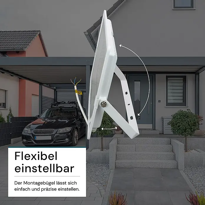 Luxula LED-Strahler - 200 W, 20.000 lm, IP65 - Weißer Fluter mit verstellbarem Montagebügel im Außenbereich, der seine flexible Ausrichtung zeigt.