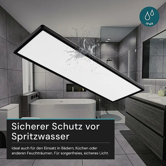 Luxula LED-Deckenleuchte - 24 W, Schwarz, Mehrfarbig - Rechteckige, schwarz gerahmte LED-Panel mit Spritzwasserschutz (IP44), in einem Badezimmer gezeigt.