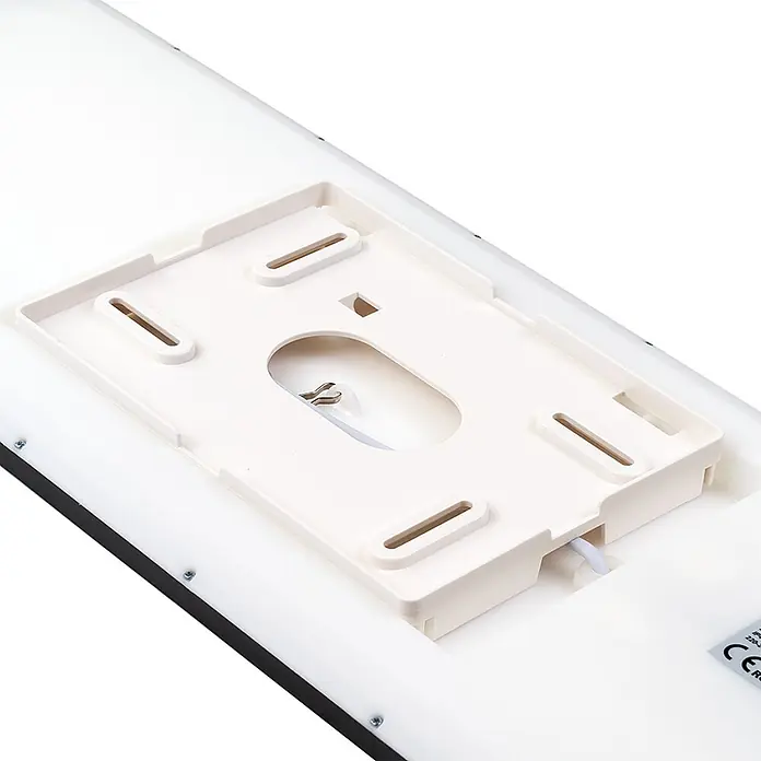 Luxula LED-Deckenleuchte - 24 W, Schwarz, Mehrfarbig - Rückseite einer weißen Rechtecklampe mit beiger Kunststoff-Montagehalterung und sichtbarer Verkabelung.