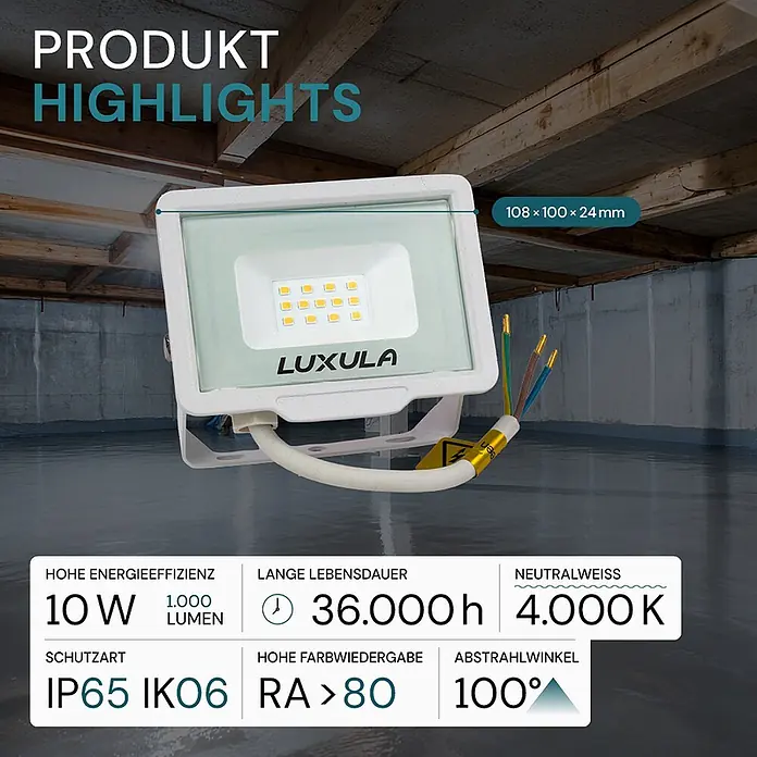 Luxula LED-Strahler - 10 W, 1.000 lm, IP65 - Kompakter weißer LUXULA LED-Fluter (10W, 1000lm, IP65) mit technischen Spezifikationen.