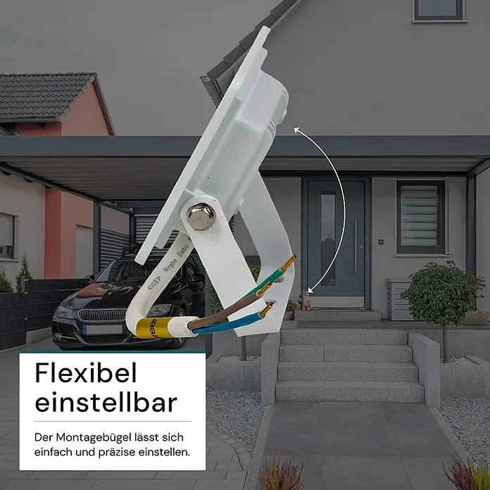Luxula LED-Strahler - 10 W, 1.000 lm, IP65 - Weißer LED-Außenstrahler mit verstellbarem Montagebügel und freiliegenden Kabeln, der flexible Ausrichtung zeigt.