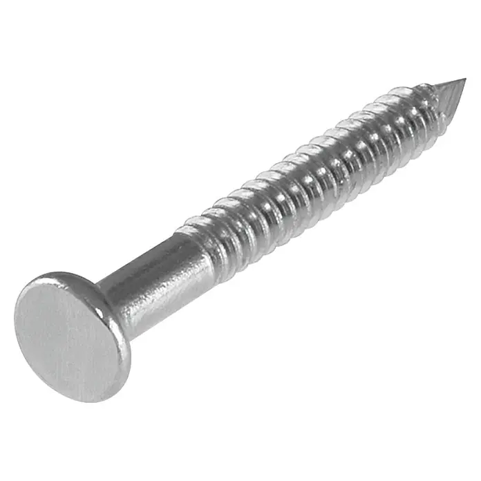 Stabilit AnkernagelLänge: 60 mm, Durchmesser: 4 mm, 40 Stk. - Nahaufnahme eines einzelnen, silberfarbenen Schraubnagels mit flachem Kopf und spiralförmigem Schaft.