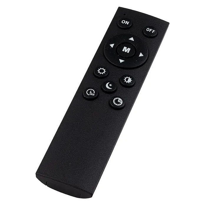 Luxula LED-Deckenleuchte - 24 W, Schwarz, Mehrfarbig - Schwarze Fernbedienung mit Ein-/Aus-Tasten, Richtungstasten, 'M'-Taste und Tasten für Helligkeit, Nachtmodus, Licht aus und 30-Minuten-Timer.