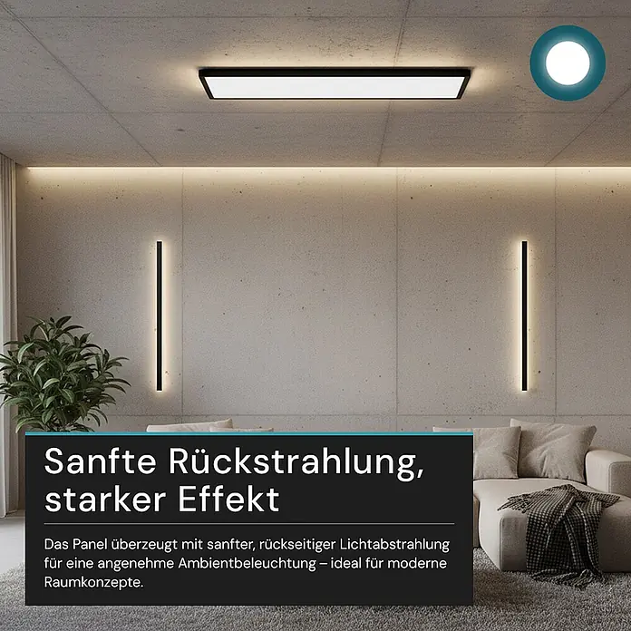 Luxula LED-Deckenleuchte - 24 W, Schwarz, Mehrfarbig - Ein rechteckiges schwarzes Deckenpanel erzeugt warmes, indirektes Umgebungslicht in einem modernen Raum.