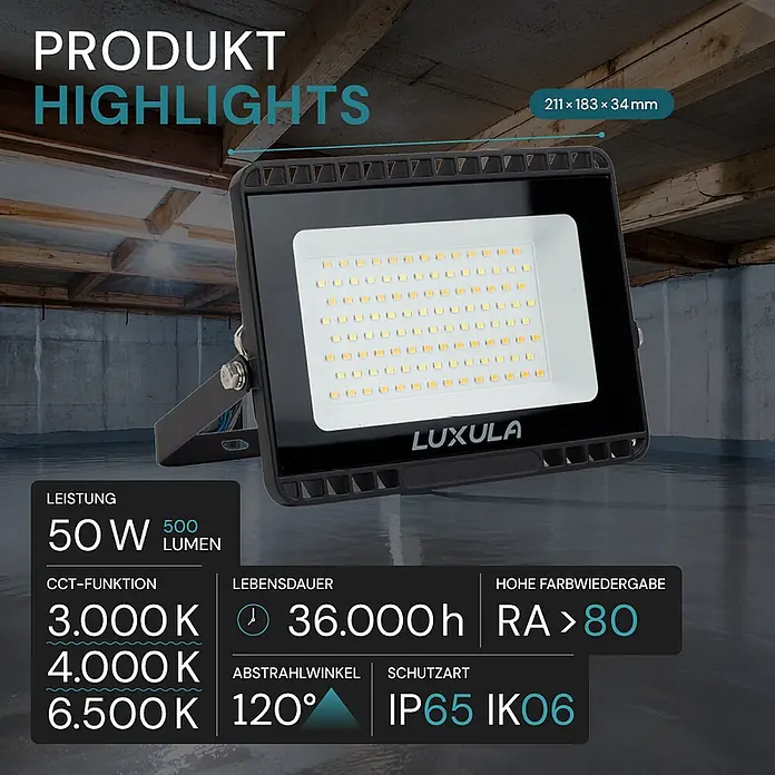 Luxula LED-Strahler - 50 W, 5.000 lm, IP65 - Schwarzer LED-Flutlichtstrahler, 211x183x34mm, 50W, mit einstellbarer Farbtemperatur (3000K-6500K) und IP65-Schutz für den Außenbereich.