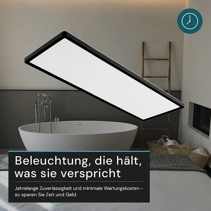 Luxula LED-Deckenleuchte - 24 W, Schwarz, Mehrfarbig - Großes rechteckiges LED-Deckenpanel mit schwarzem Rahmen, beleuchtet über einer Badewanne in einem modernen Badezimmer.