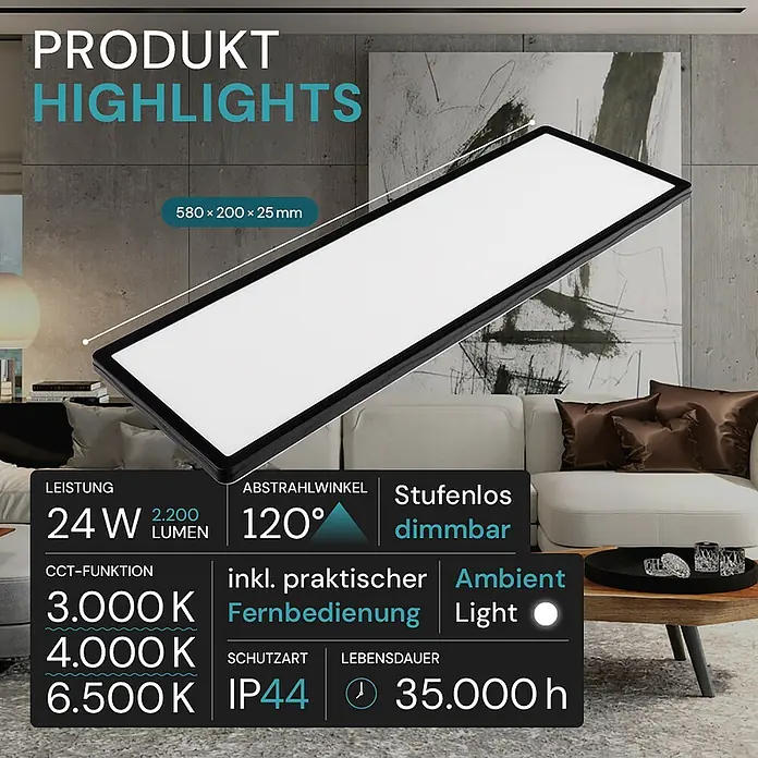 Luxula LED-Deckenleuchte - 24 W, Schwarz, Mehrfarbig - Rechteckige LED-Deckenleuchte mit schwarzem Rahmen, Maßen und Funktionen, diagonal über modernem Wohnzimmer dargestellt.