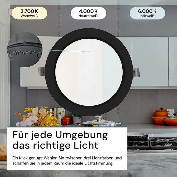 Luxula LED-Einbauleuchte 6W IP44-Geschützt 600lm Lichtfarbe Einstellbar CCT -  - Schwarze runde LED-Einbauleuchte in einer Küche, mit Schalter für einstellbare Farbtemperaturen (Warm-, Neutral-, Kaltweiß).