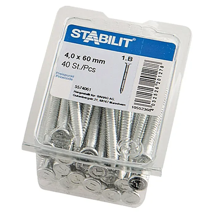 Stabilit Clavo - Ø x L: 4 x 60 mm, Acero, 40 ud. - Un paquete de tornillos Stabilit, de 4,0 x 60 mm, con 40 unidades por paquete, ideal para diversas tareas de fijación.
