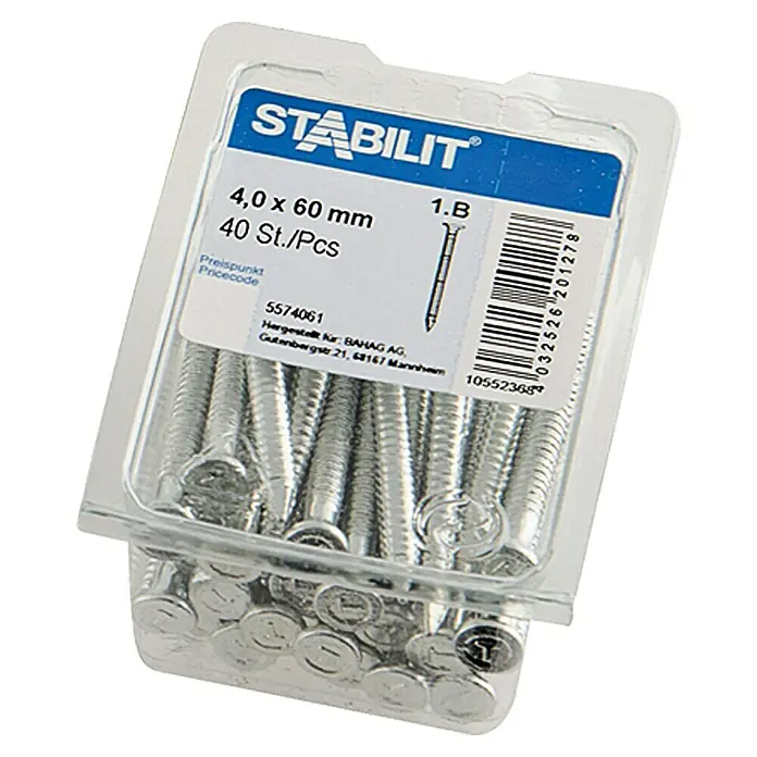 Stabilit AnkernagelLänge: 60 mm, Durchmesser: 4 mm, 40 Stk. - Eine Packung Stabilit Schrauben, 4,0 x 60 mm, mit 40 Stück pro Packung, ideal für verschiedene Befestigungsarbeiten.