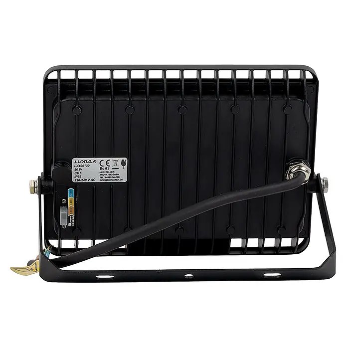 Luxula LED-Strahler - 50 W, 5.000 lm, IP65 - Rückansicht eines schwarzen LED-Flutlichts mit verstellbarer Halterung, Stromkabel und CCT-Wahlschalter am Metallgehäuse.