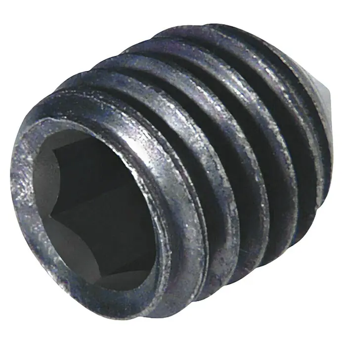 Madenschraube - M 5, Länge: 10 mm, 6 Stk. - Nahaufnahme einer Madenschraube mit Innensechskant, die ein starkes Gewinde und eine robuste Bauweise für sichere Befestigungen zeigt.