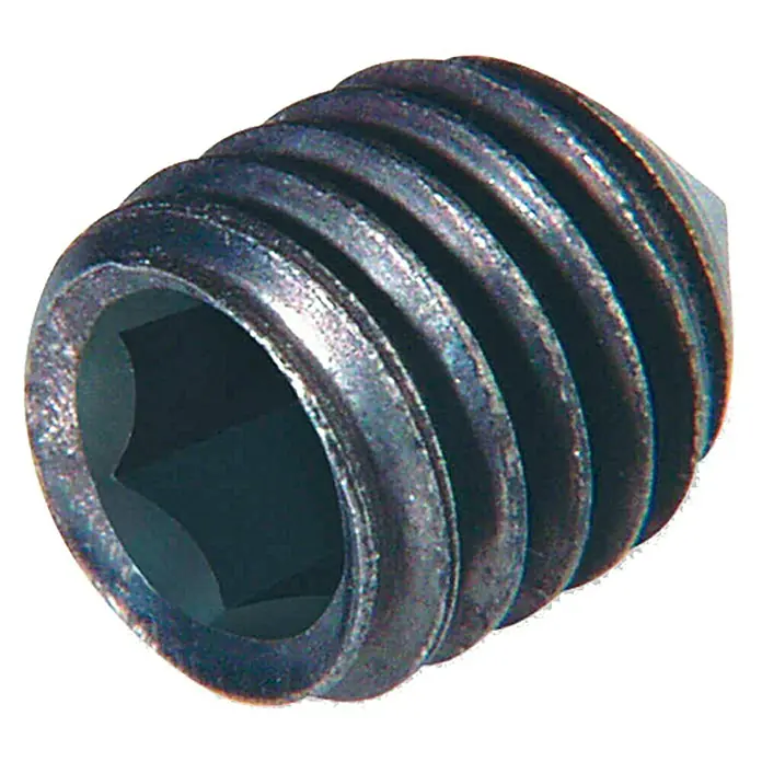 Stabilit MadenschraubeM 4, Länge: 10 mm, 8 Stk. - Nahaufnahme einer Madenschraube mit Innensechskant, die ein starkes Gewinde und eine robuste Bauweise für sichere Befestigungen zeigt.