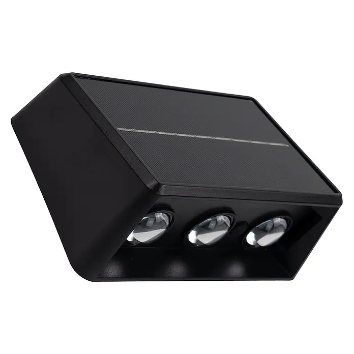 Luxula Solar-Außenwandleuchte - Schwarz, IP54 - Schwarze solarbetriebene LED-Wandleuchte mit drei Lichtern und einem Solarpanel oben.