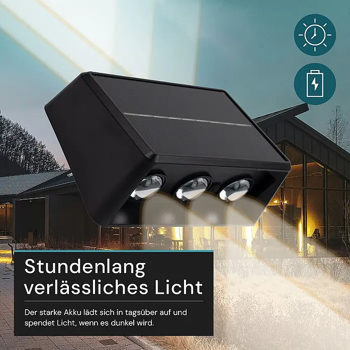Luxula Solar-Außenwandleuchte - Schwarz, IP54 - Schwarze solarbetriebene LED-Wandleuchte mit drei Lichtern und einem Solarpanel oben, beleuchtet einen Außenbereich bei Nacht.