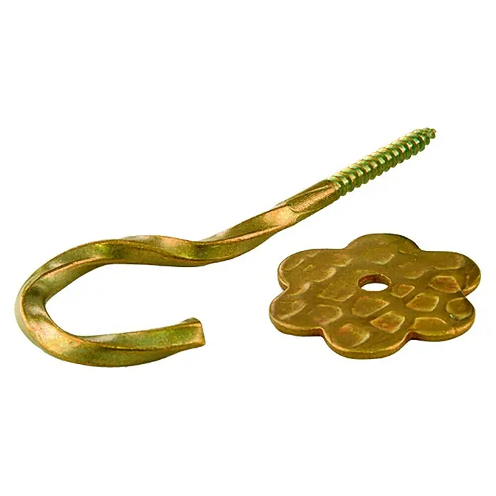 Deckenhaken - Farbe: Messing, Stahl - Goldener Haken mit Schraube und einer blumenförmigen Unterlegscheibe. Ideal für Befestigungen und Aufhängungen.