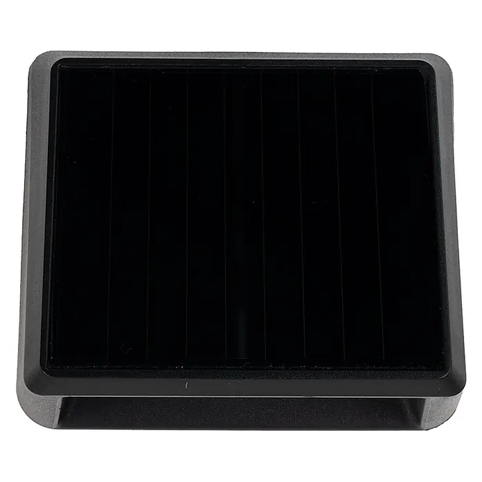 Luxula Solar-Außenwandleuchte - Schwarz, IP54 - Draufsicht auf ein quadratisches, schwarzes Solarpanel mit vertikalen Zellen und dunkelgrauem Rahmen.