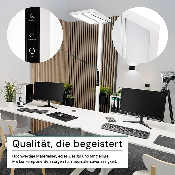 Luxula LED-Stehleuchte Bürostehleuchte 120W 8500lm Stehlampe Up- Downlight -  - Weiße Stehleuchte mit rechteckigem Kopf und Touch-Bedienelementen, steht in einem modernen Büro zwischen zwei Schreibtischen.