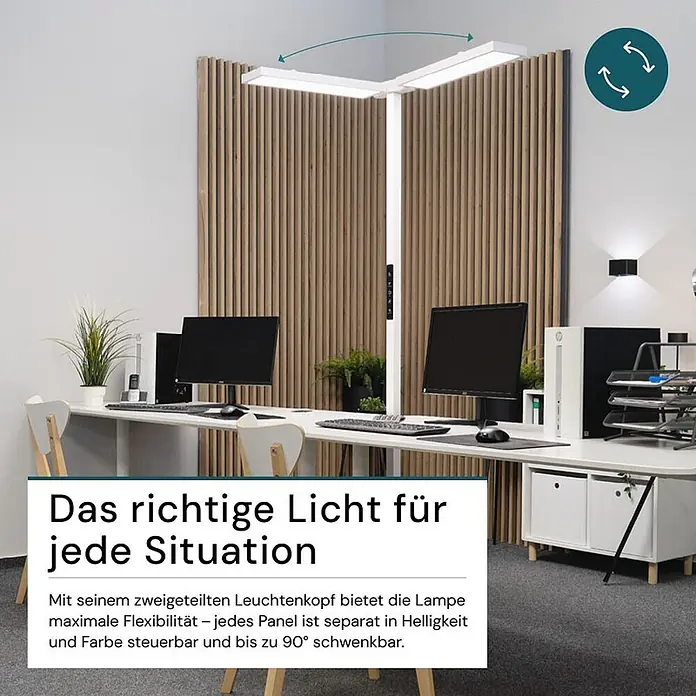 Luxula LED-Stehleuchte Bürostehleuchte 120W 8500lm Stehlampe Up- Downlight -  - Weiße Stehleuchte mit zwei verstellbaren LED-Paneelen, die zwei Büroarbeitsplätze beleuchtet. Paneele sind bis zu 90 Grad schwenkbar.