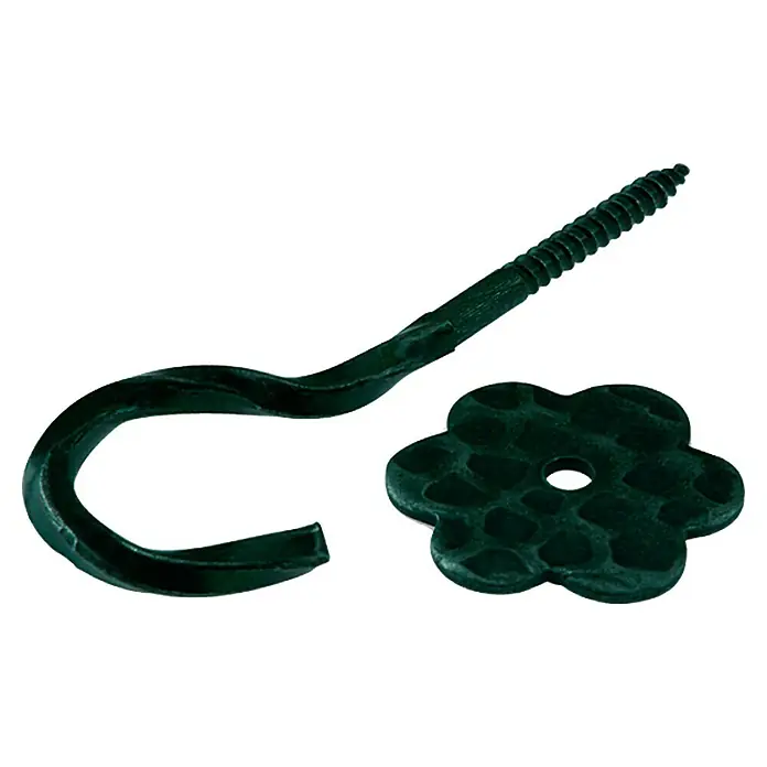 Deckenhaken - Farbe: Schwarz, Stahl - Schwarzer Schraubhaken mit Unterlegscheibe in Blumenform. Der ideale Haken für rustikale Wanddekorationen und Halterungen.